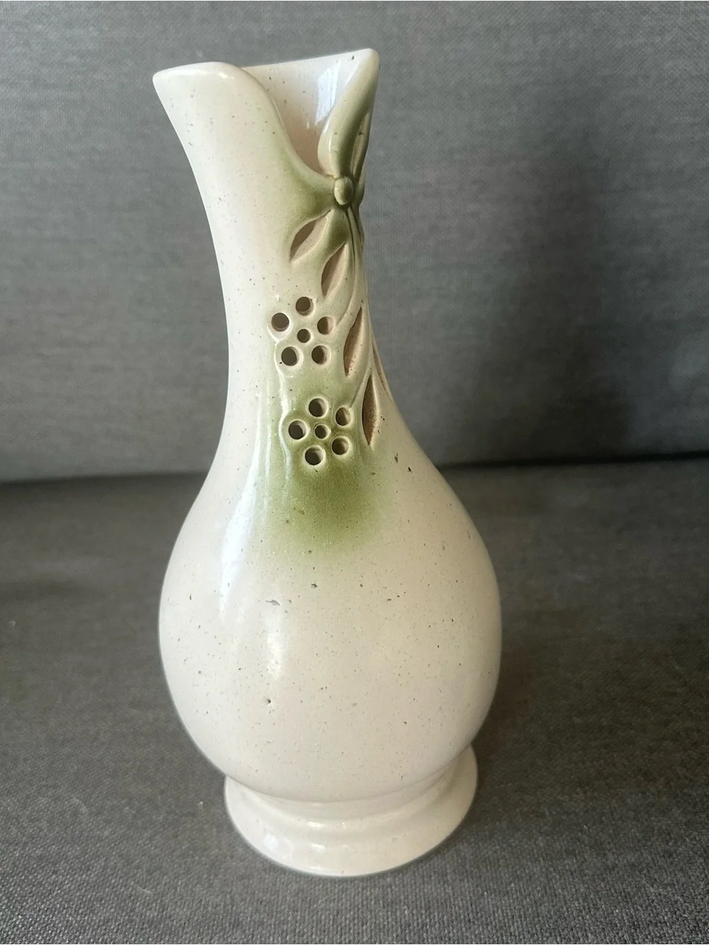 Czech Pottery Floral Cutout Cream Green Ceramic Bud Vase Farmhouse Decor